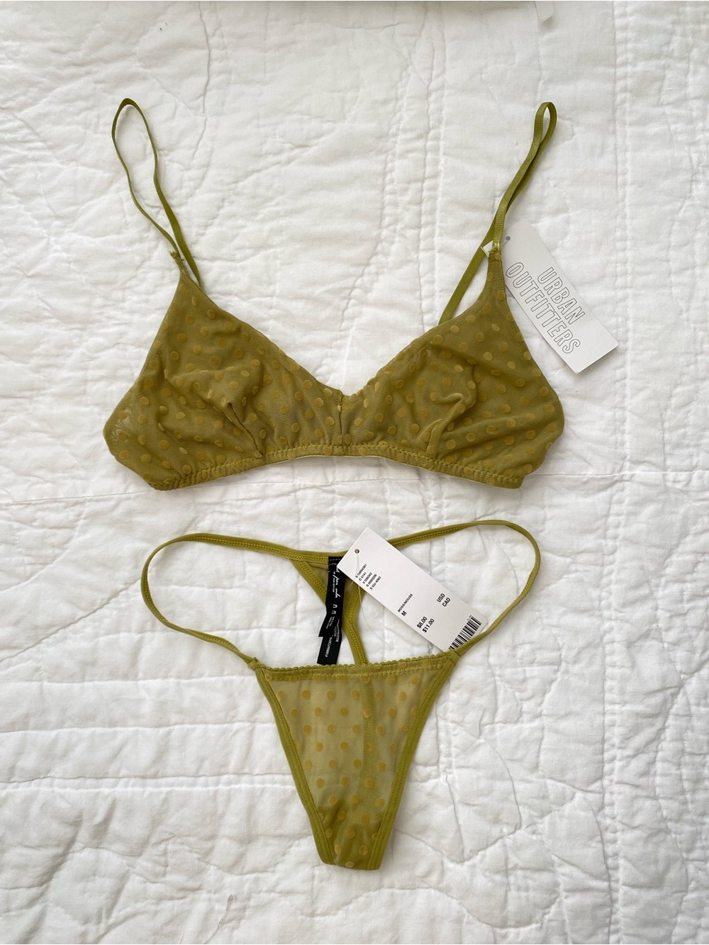 Urban Outfitters Out From Under Olive Green Dotted Mesh Bralette & Thong